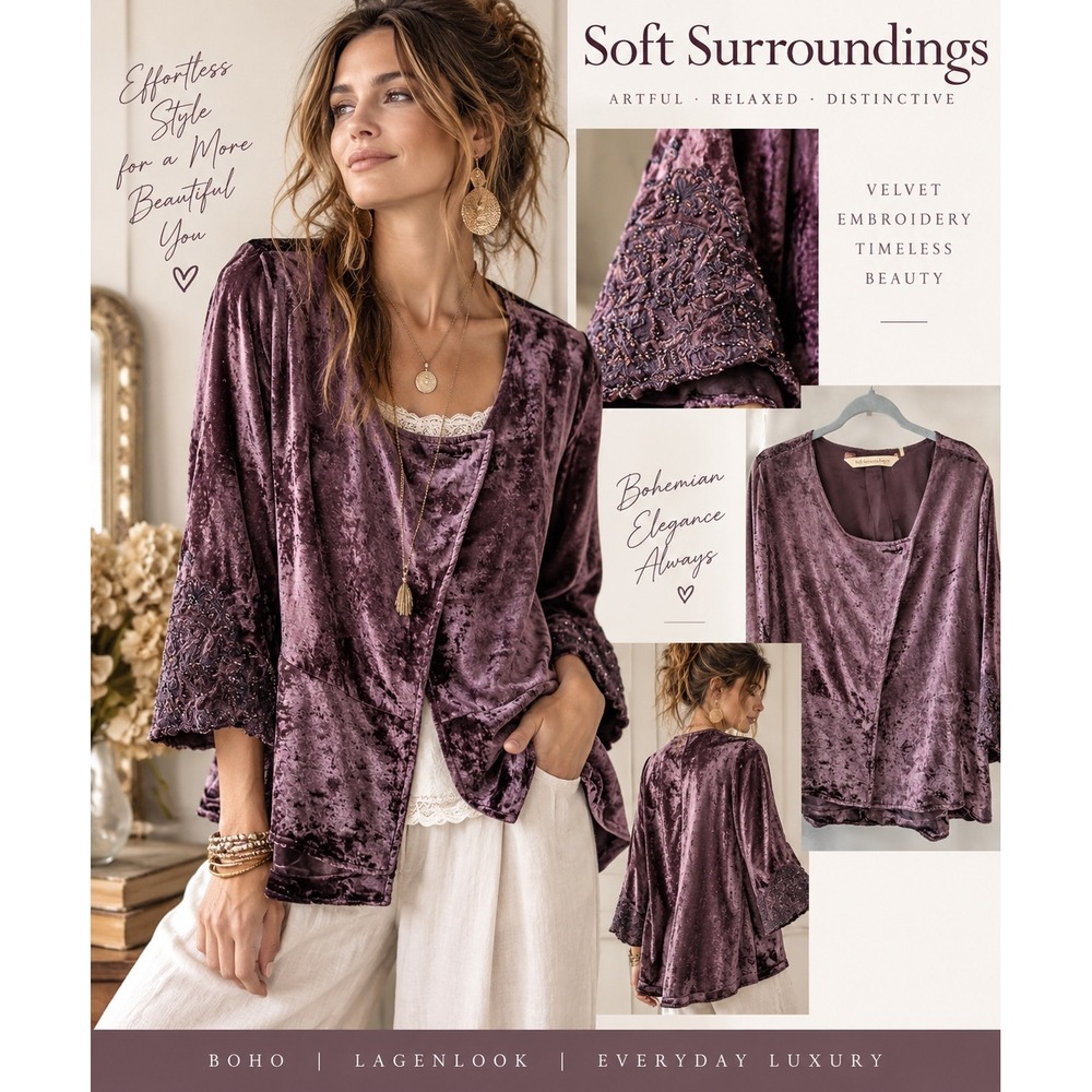 Soft Surroundings 1X Plum Velvet Jacket Embroidered Boho Whimsy Goth Lagenlook